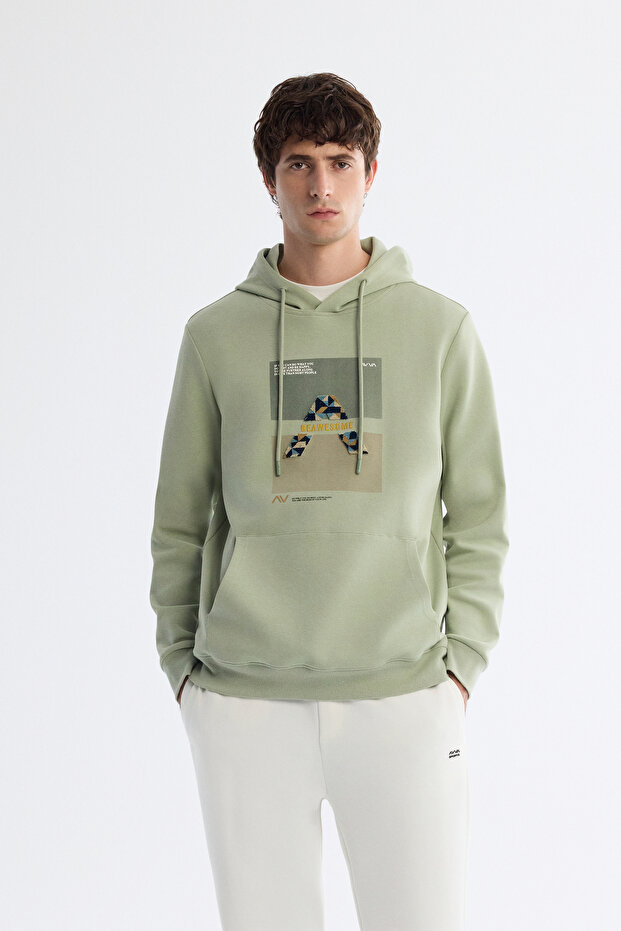 Men's Mint Green Hooded Cotton Printed Elastane Regular Fit Sweatshirt A42Y1321