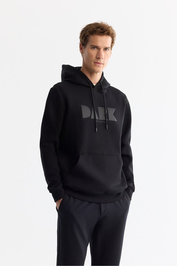 Men's Black Hooded Cotton Printed Elastane Regular Fit Sweatshirt A42Y1322
