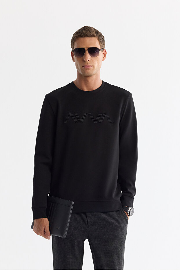 Men's Black Crew Neck Cotton Printed Elastane Regular Fit Sweatshirt A42Y1227