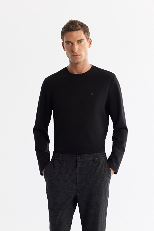Men's Black Crew Neck Cotton Basic Regular Fit Sweatshirt A42Y1350