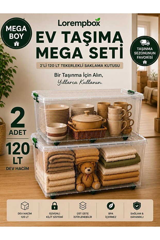 120 Lt Mega Size Storage Box with Lock and Wheels, 2 Pieces Storage