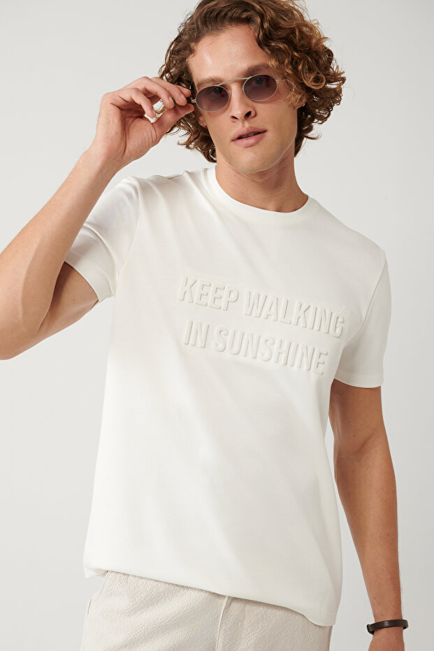 Men's White Crew Neck Printed Interlock Regular Fit T-Shirt A41Y1006