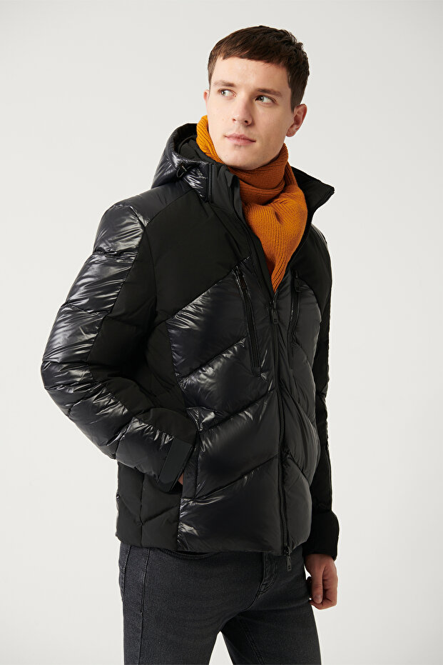 Men's Black Goose down Water Repellent and Windproof Detachable Hooded Puffer Coat with Carrying Strap A3