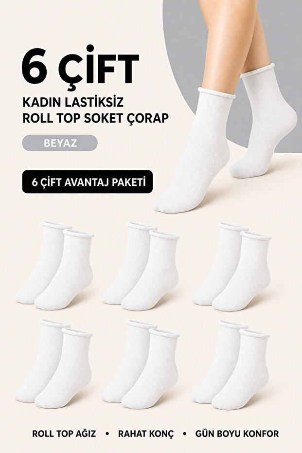 Women's 6-Piece Non-Elastic Roll Top Comfortable Socks Pack 578 White