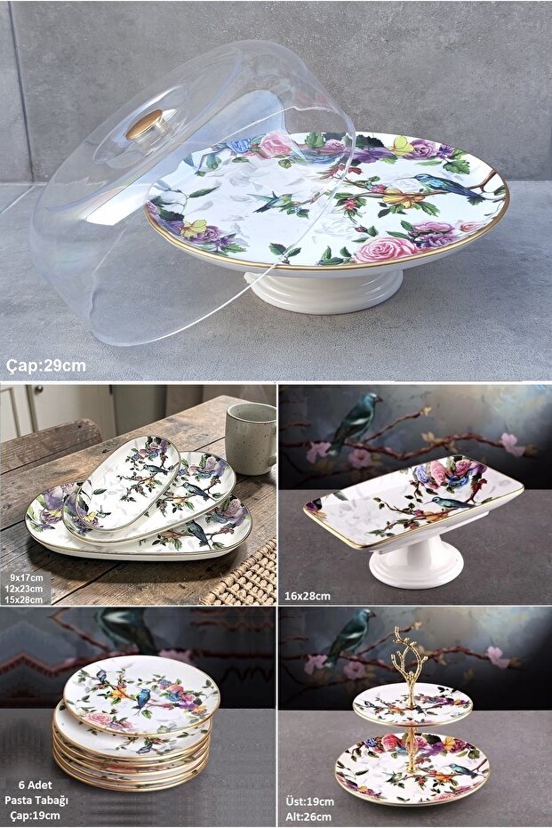 13 Piece 6-Person Bird Patterned Ceramic Cake Presentation Plate Set