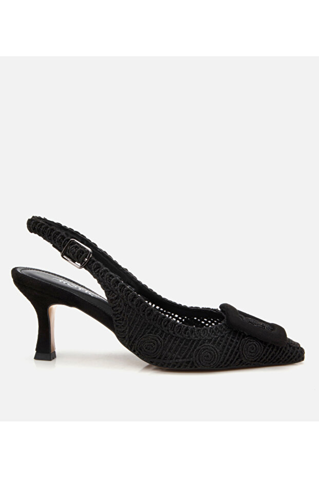 Women's Black Patterned Open Back Heeled Shoes