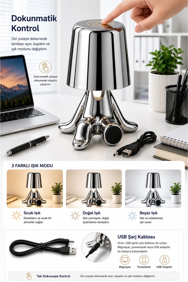 Decorative Table Lamp with Silver Sitting Man Figure – Modern Tabletop and Nightstand Accessory