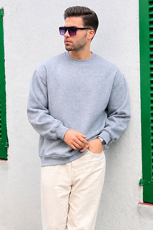 Gray Crew Neck Oversize Raised Basic Men's Sweatshirt 6048