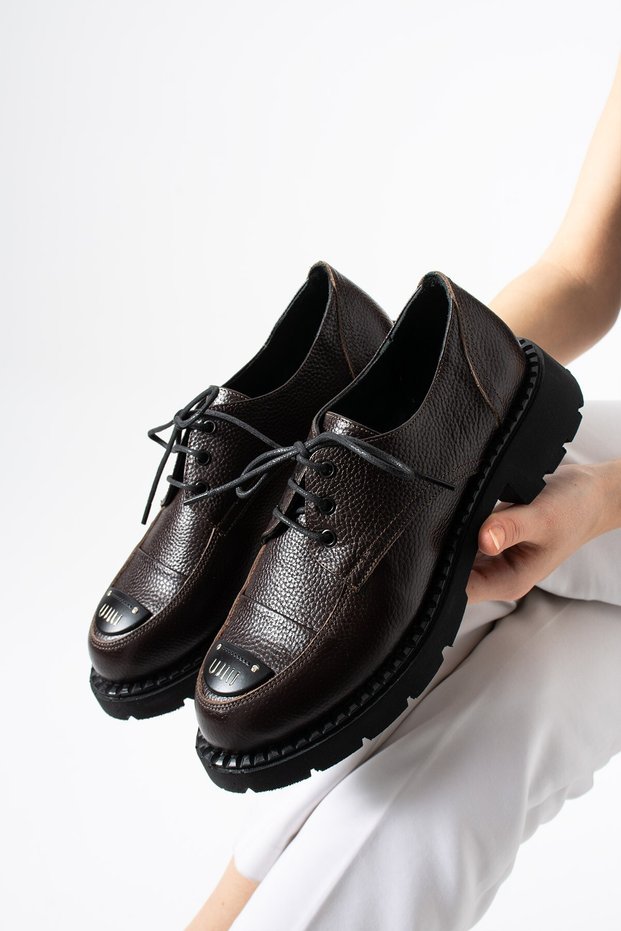 Ravenna Women's Brown Genuine Leather Lace-Up Thick Sole Metal Toe Detailed Oxford Shoes