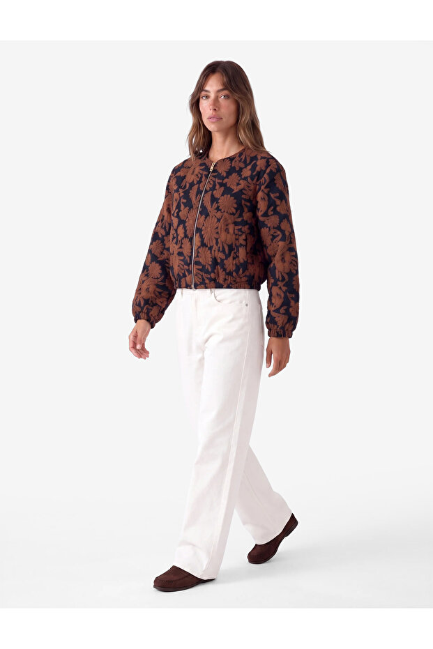 Crew Neck Zippered Viscose Blend Floral Bomber Jacket with Pockets