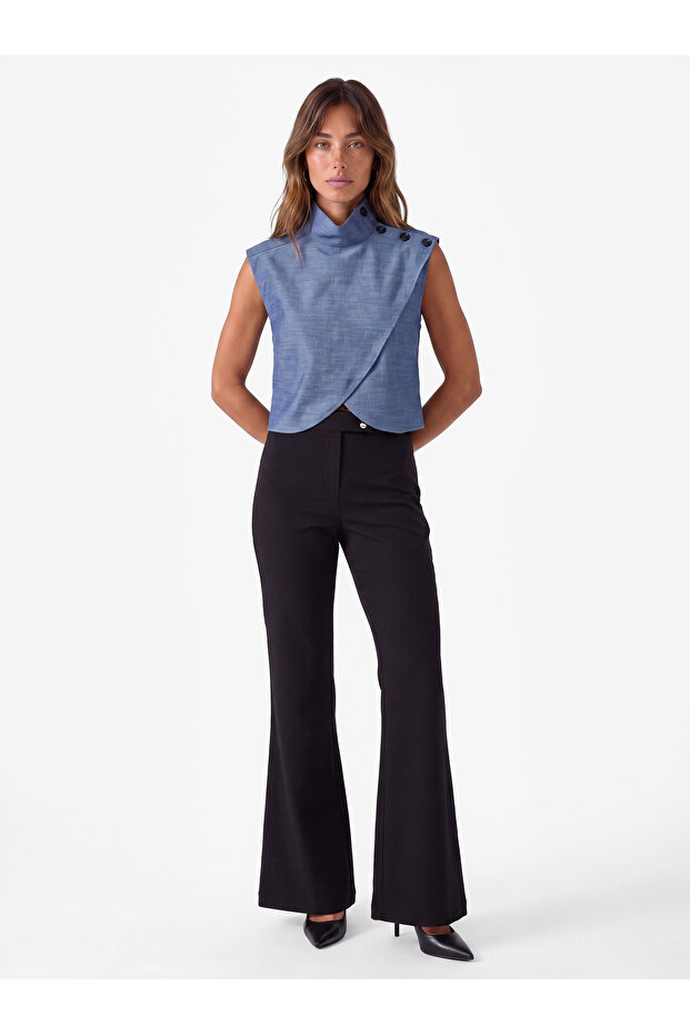 Asymmetrical Cut Buttoned Layered High Neck Sleeveless Blouse