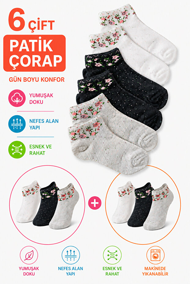 6 Pairs Women's White Patterned Bootie Socks Set - Cotton Ankle-Length Short Socks Pack