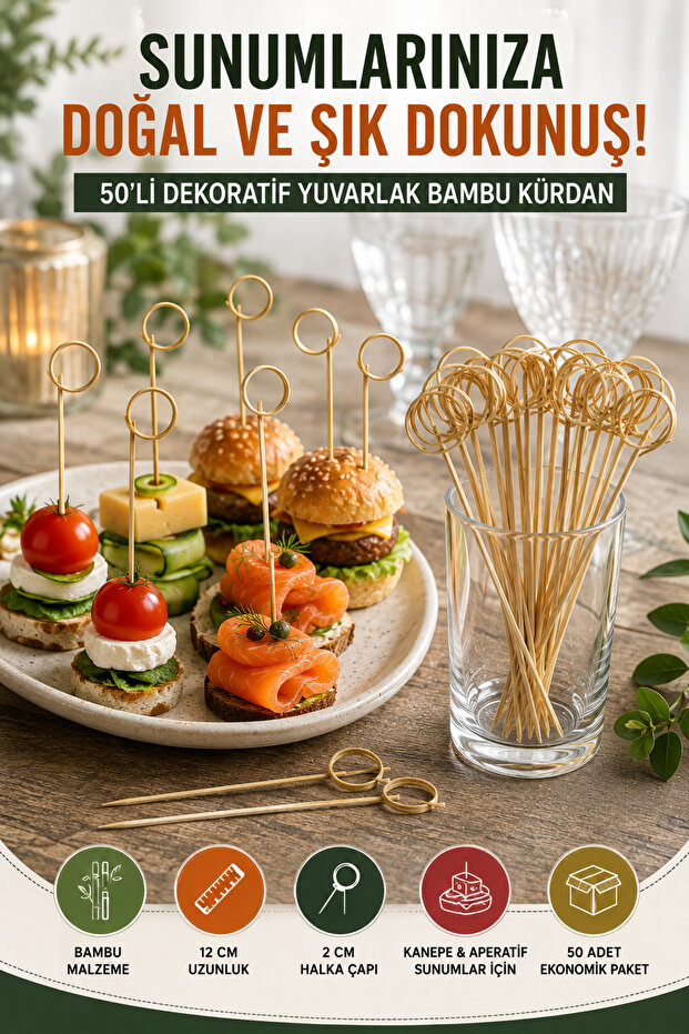 50-Piece Pack of 12 cm Decorative Round Bamboo Toothpicks - Cocktail Toothpick Party Presentation Toothpick Set