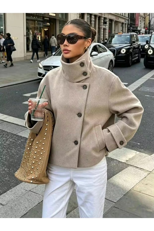 High Collar Short Cashmere Trench Coat