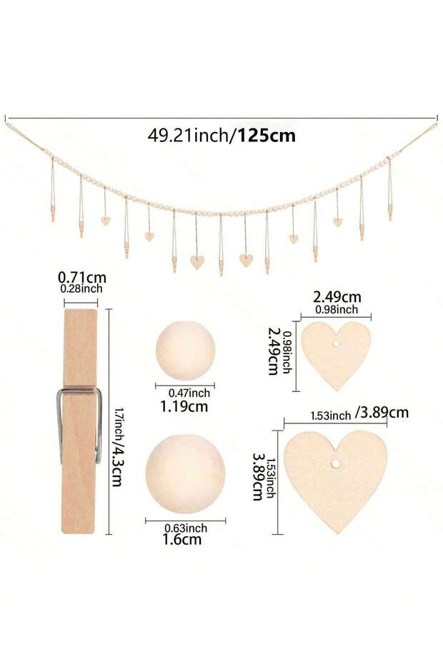 Garland M01931 Wooden Bead Photo Garland with Heart Clips Wall Hanging Picture Display String Boho H
