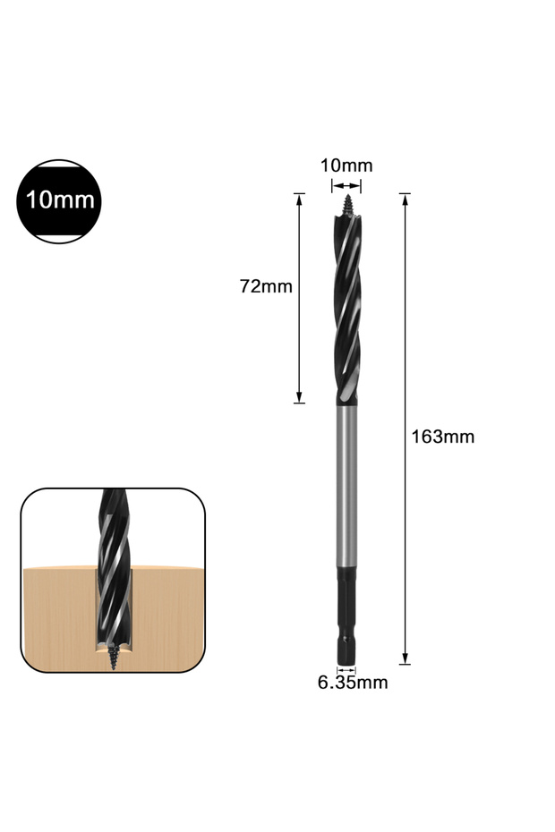 10mm Four Flute Auger Wood Drill Bit 6.35mm Hex Shank 10‑35mm Diameter Wood Hole Opener For Door Loc
