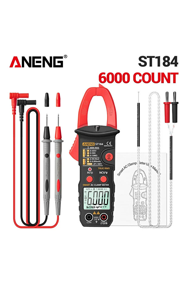 جهاز قياس التيار الكهربائي الرقمي ST184 من ANENG (باللون الأحمر) - عداد متعدد الوظائف بتقنية True RMS و6000 عداد للقياس الاحترافي
