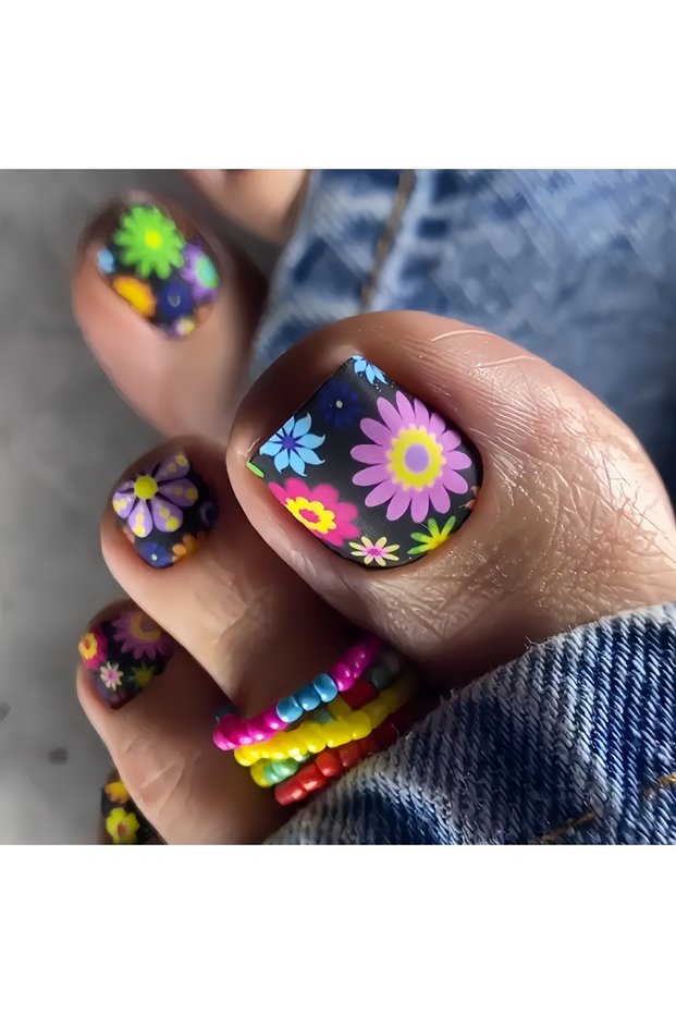 1505 24pcs/set short square teo nails Colorful Flower summer fake nail tips glitter rhinestones flor