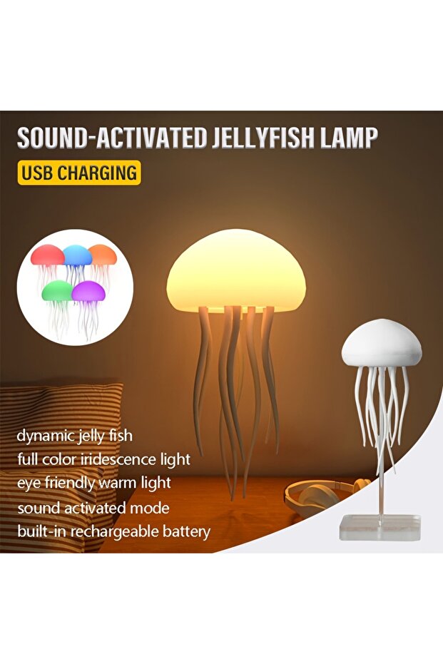 RGB Bionic Jellyfish Night Light,USB Rechargeable with Voice Control,Dancing Tentacles,5 RGB Gradien