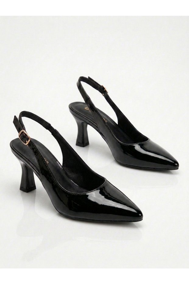 Sara Women's Black Patent Leather Open Back Pointed Toe 7 cm Classic Heeled Shoes