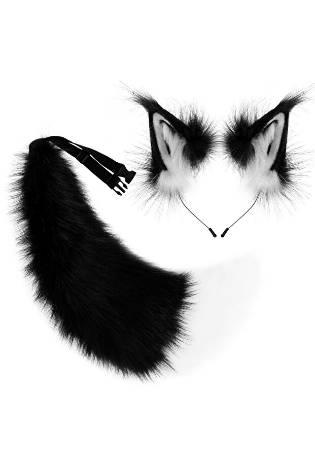 one size Blackwhite 2 PCS Faux Fur Animal Ears Headband Furry Fox Wolf Tail Costume Set for Party Co