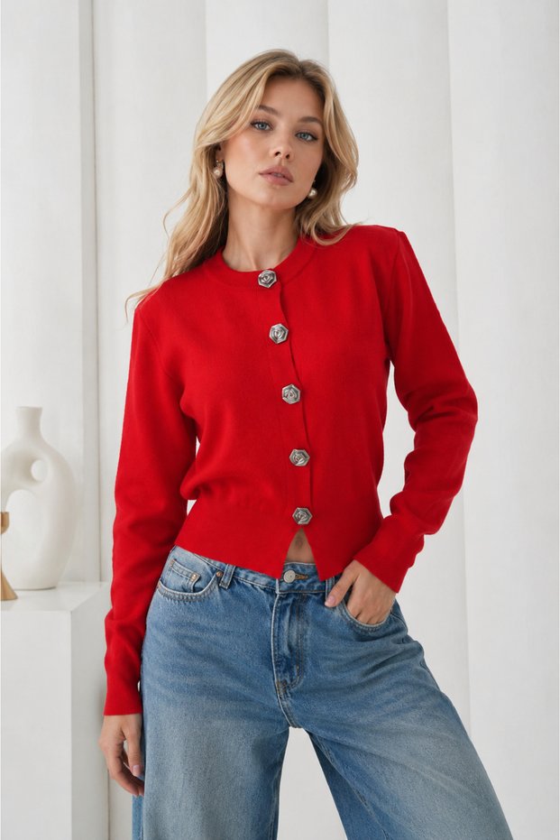 Women's Crew Neck Floral Button Detailed Premium Knitwear Cardigan