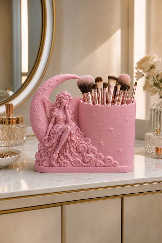 Decorative Makeup Brush Holder Organizer Pen Holder with Moon Fairy Figure 13.5 cm