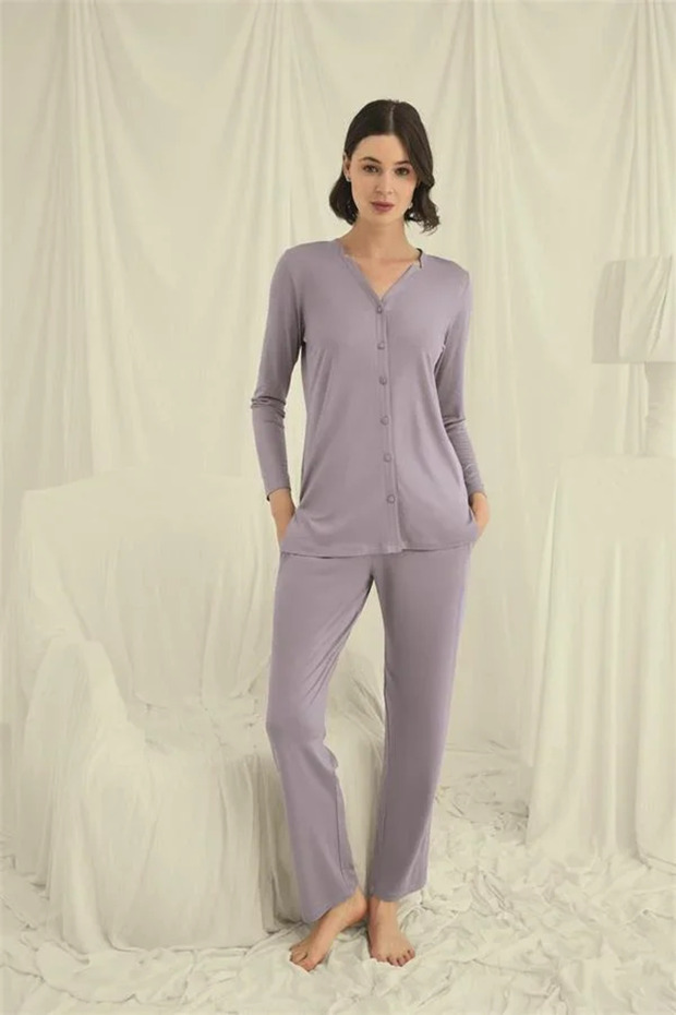 Long Sleeve Button down V Neck Pajama Set