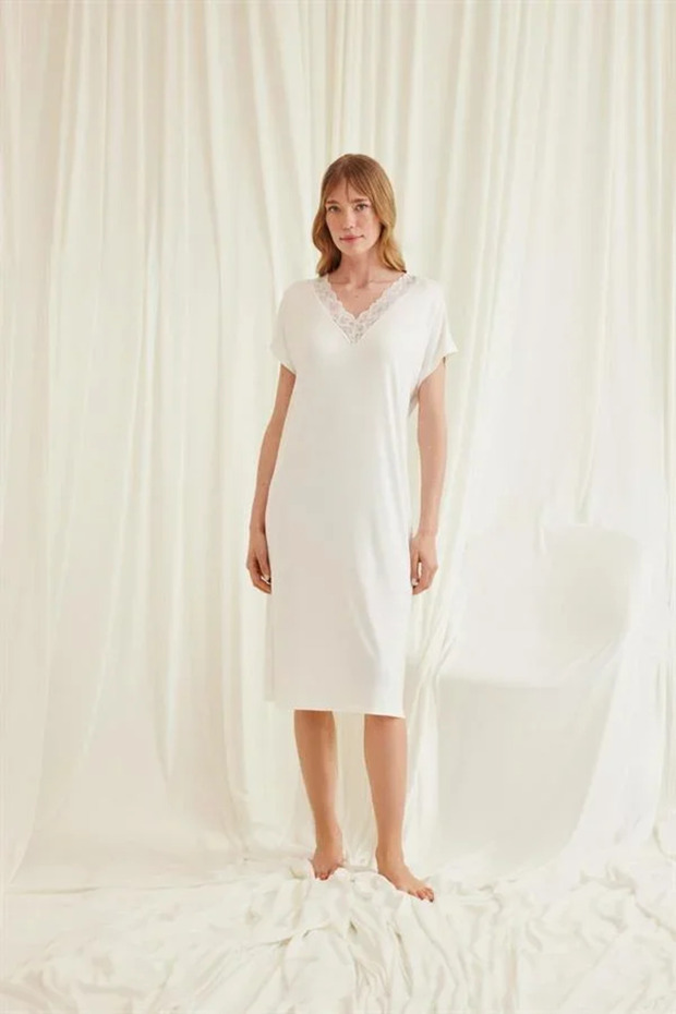 Lace Collar Short Sleeve Ecru Nightgown