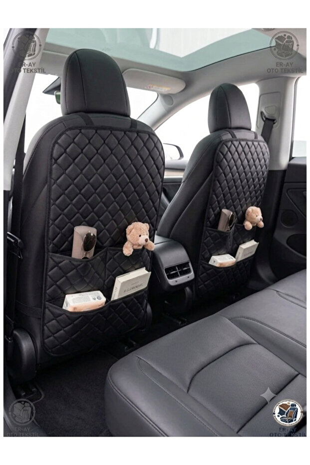 Car Seat Back Protector Organizer Black (2 Pcs) - Tablet Compartment, Quilted, Easy to Clean