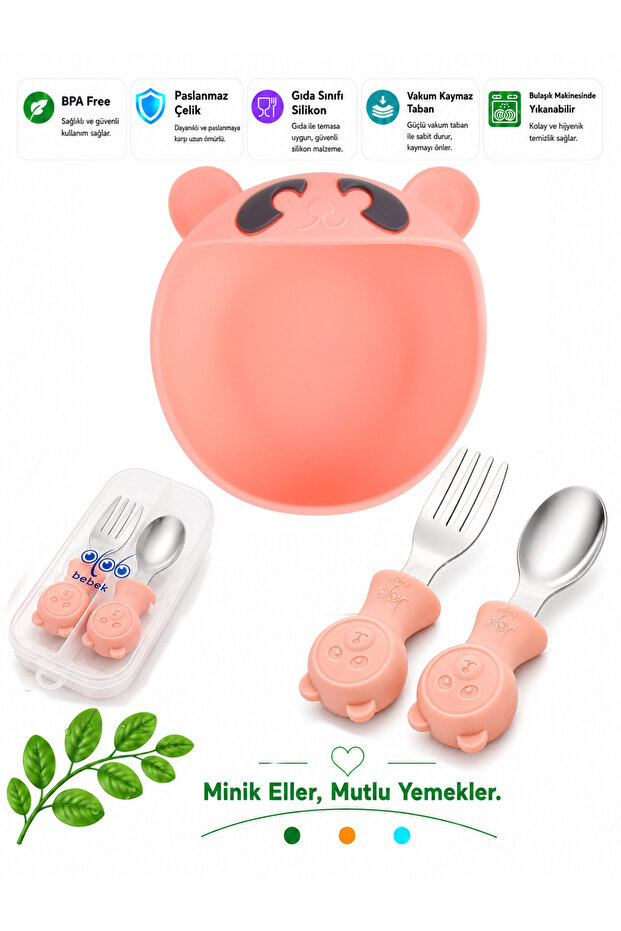 Pink Premium Children's Vacuum Silicone Feeding Bowl, Stainless Steel Fork-Spoon /9+ Months