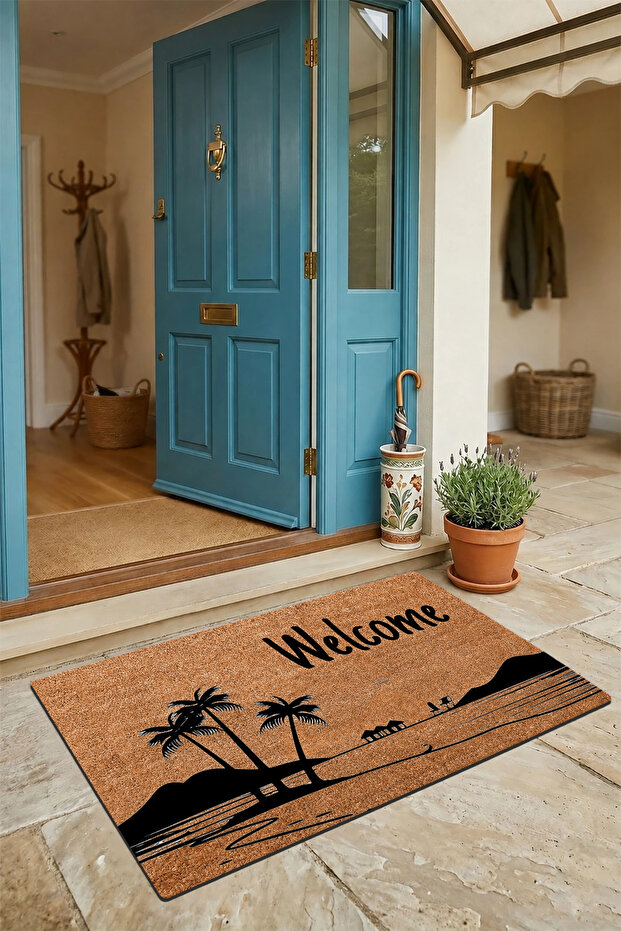 Welcome Door Mat with Palm Tree and Mountain View 45x70cm