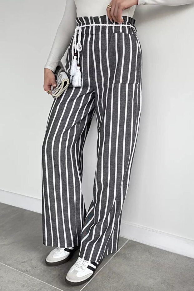 Women's High Waist Belt Detailed Stripe Patterned Palazzo Pants