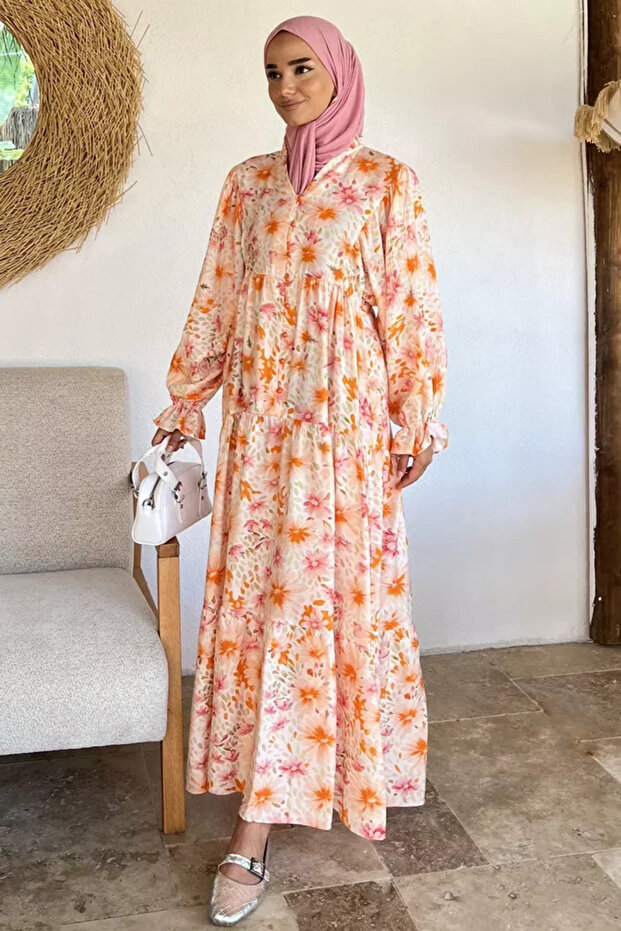 Patterned Summer Hijab Dress with Elasticated Sleeves and Front Button Detail