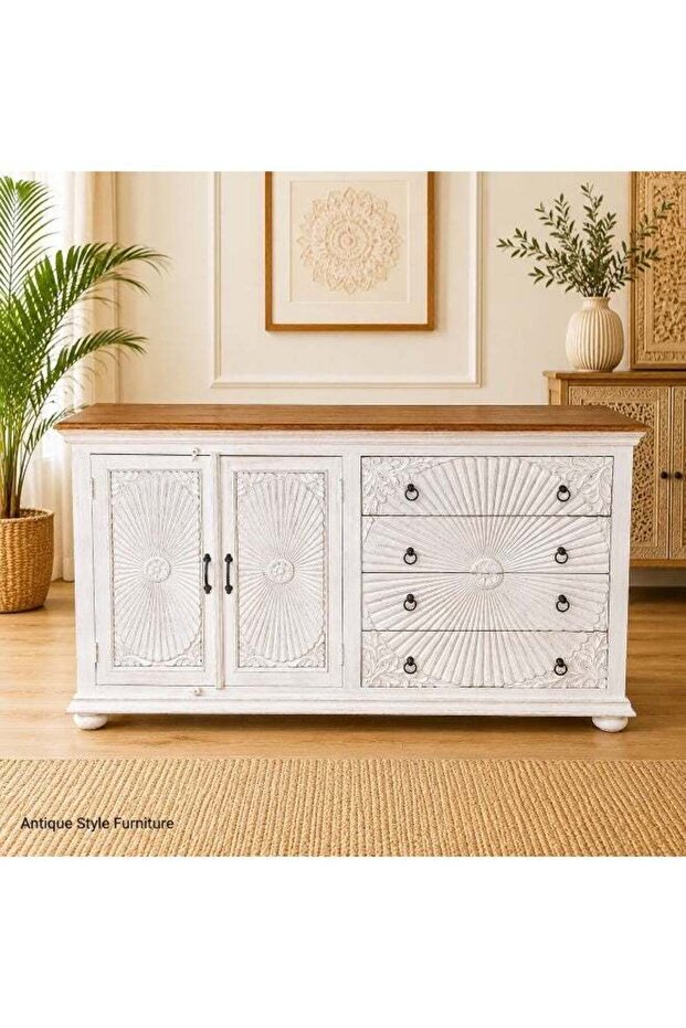 Antique Style Furniture Artisan Sunray Solid Mango Wood Sideboard with Hand-Carved Design, Distressed White Finish & Natural Wood Top
