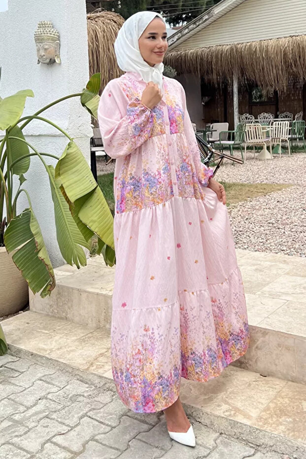Patterned Summer Hijab Dress with Elasticated Sleeves and Front Button Detail