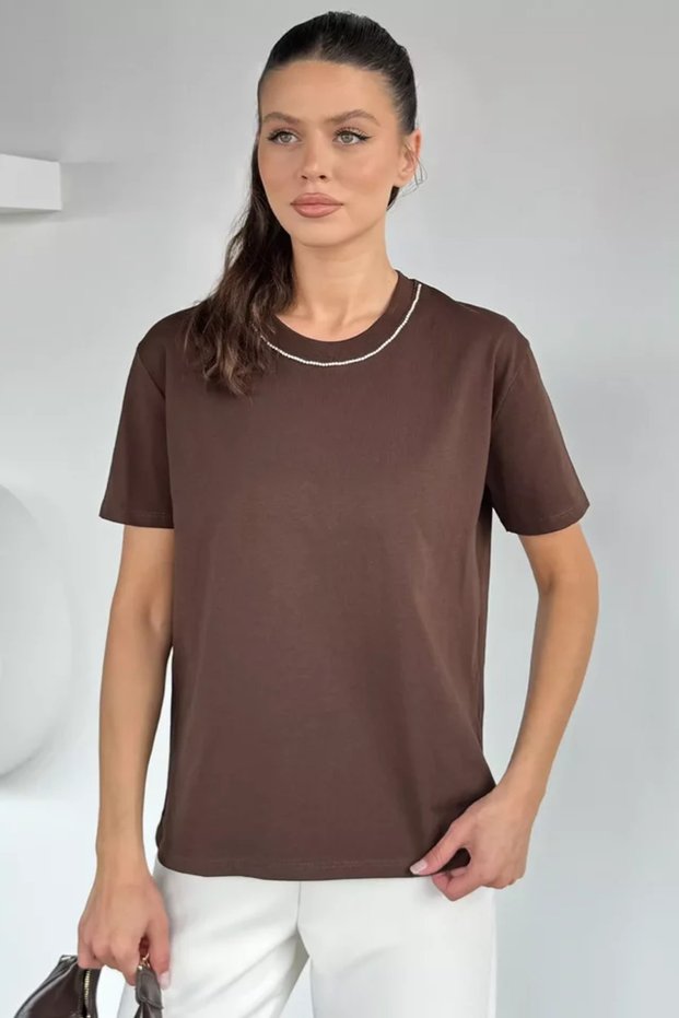 Women's T-Shirt with Stone Detail on the Collar