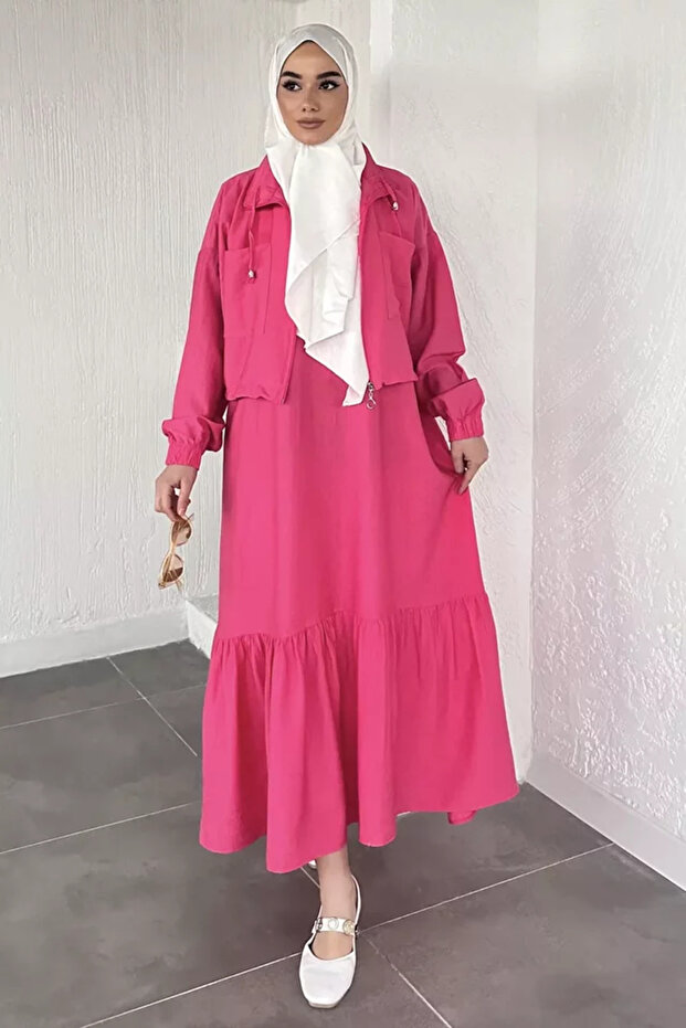 Ruffled Hem, Elastic Waist, Cardigan Combination, Hijab Dress