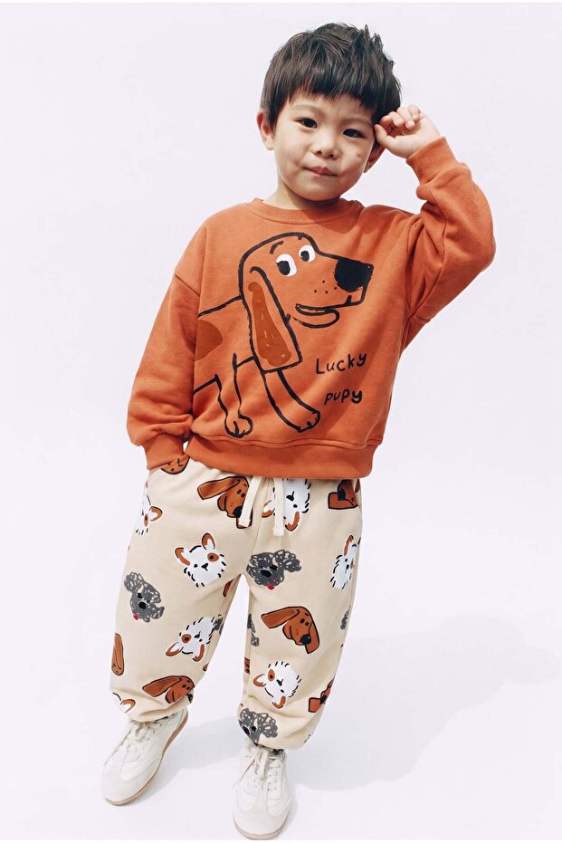 Children's Cotton Dog Printed Orange School Sweatshirt and Patterned Sweatpants Set