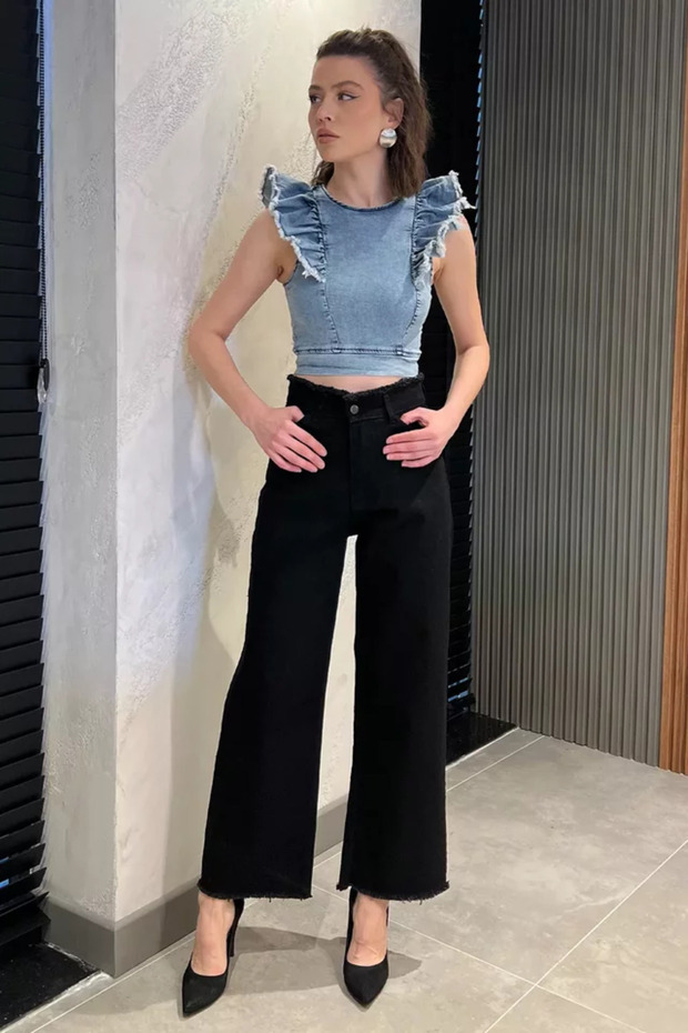 Women's High Waist Jean Denim Pants with Tassels on the Waist and Legs
