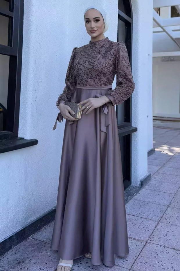 Sleeve Tie-Down, Sequin and Stone Embellished, Satin Kiloş Evening Dress