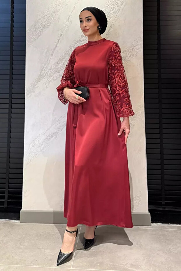 Satin Evening Dress with Laced Sleeves and Waist Belt