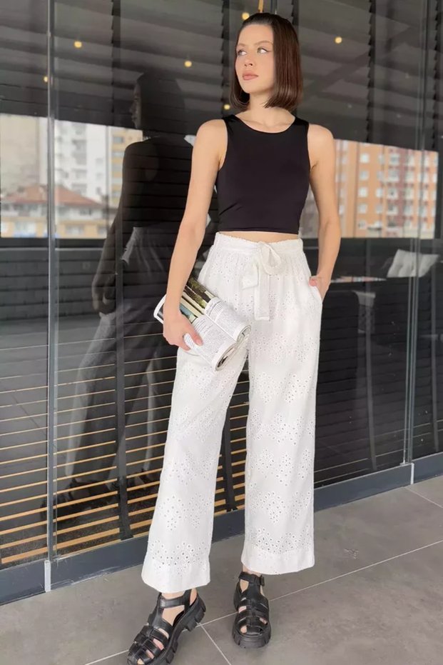 Women's High Waist Scalloped Elastic Waist Belted Trousers