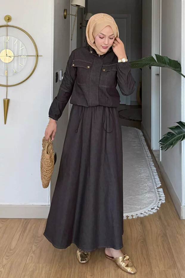 Gülseli Zippered Denim Jacket Skirt Hijab Double Set