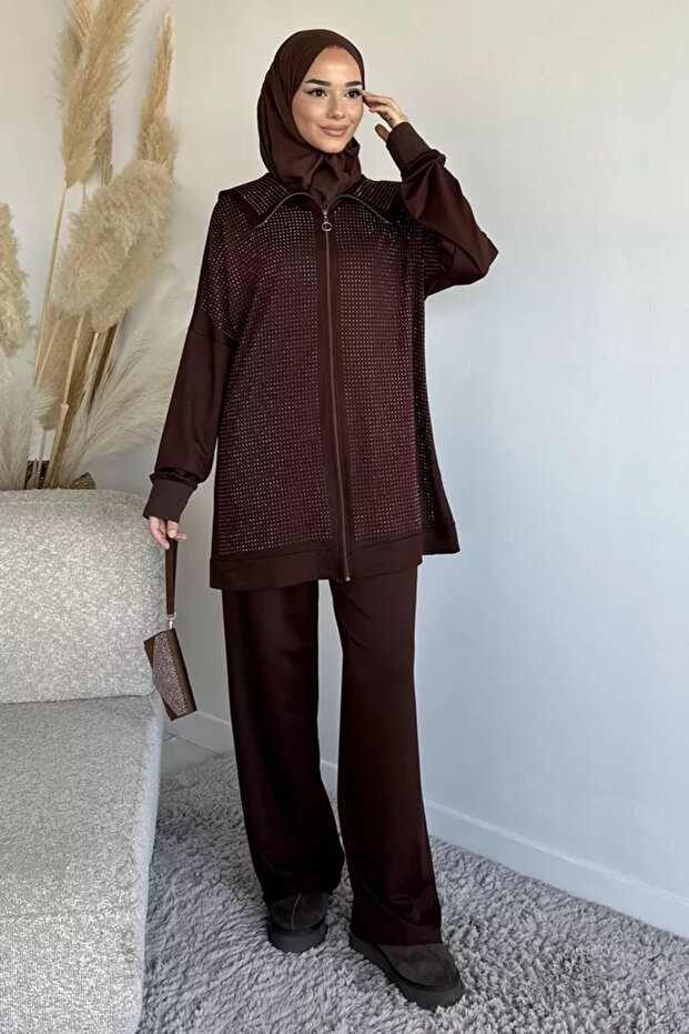 Front Zipper Stone Embroidered Tunic Elastic Waist Pants Hijab Double Set