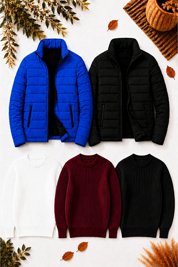 Men's 5-Piece Winter Combination Set – 2 Quilted Zippered Coats + 3 Crew Neck Cotton Ribbed Thick Knit Sweaters
