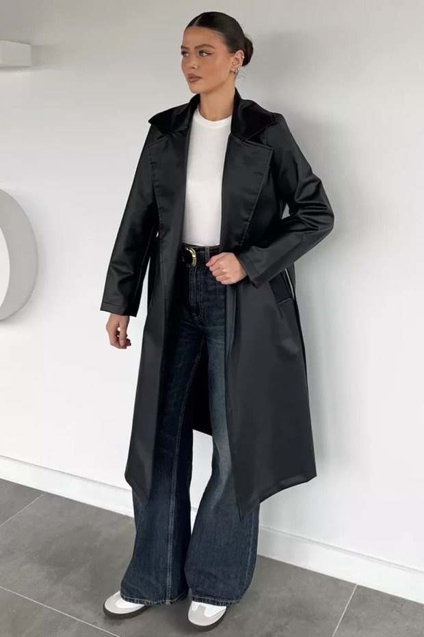 Women's Double Pocket Belted Lined Faux Leather Trench Coat
