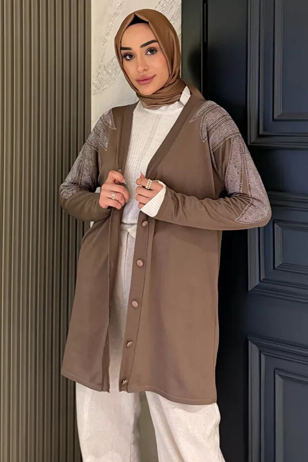 Shoulder Stone Decorated Hijab Knitwear Cardigan