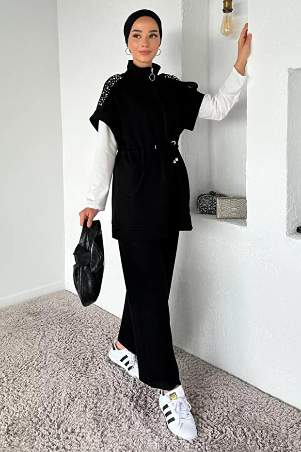 Elastic Waist Pants, Stone Embroidered Tunic Blouse, Hijab Three-Piece Set