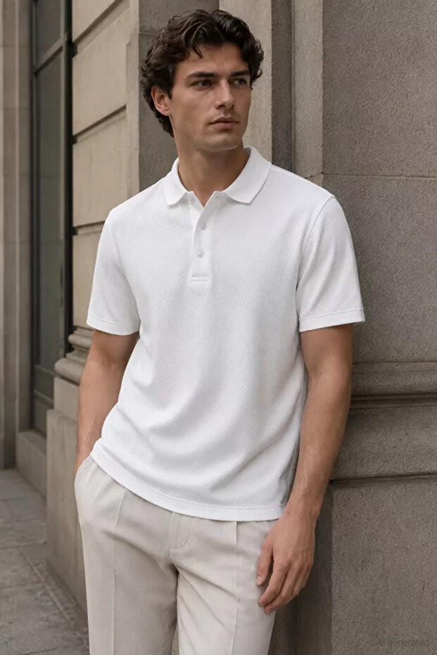 Men's polo neck self-patterned t-shirt